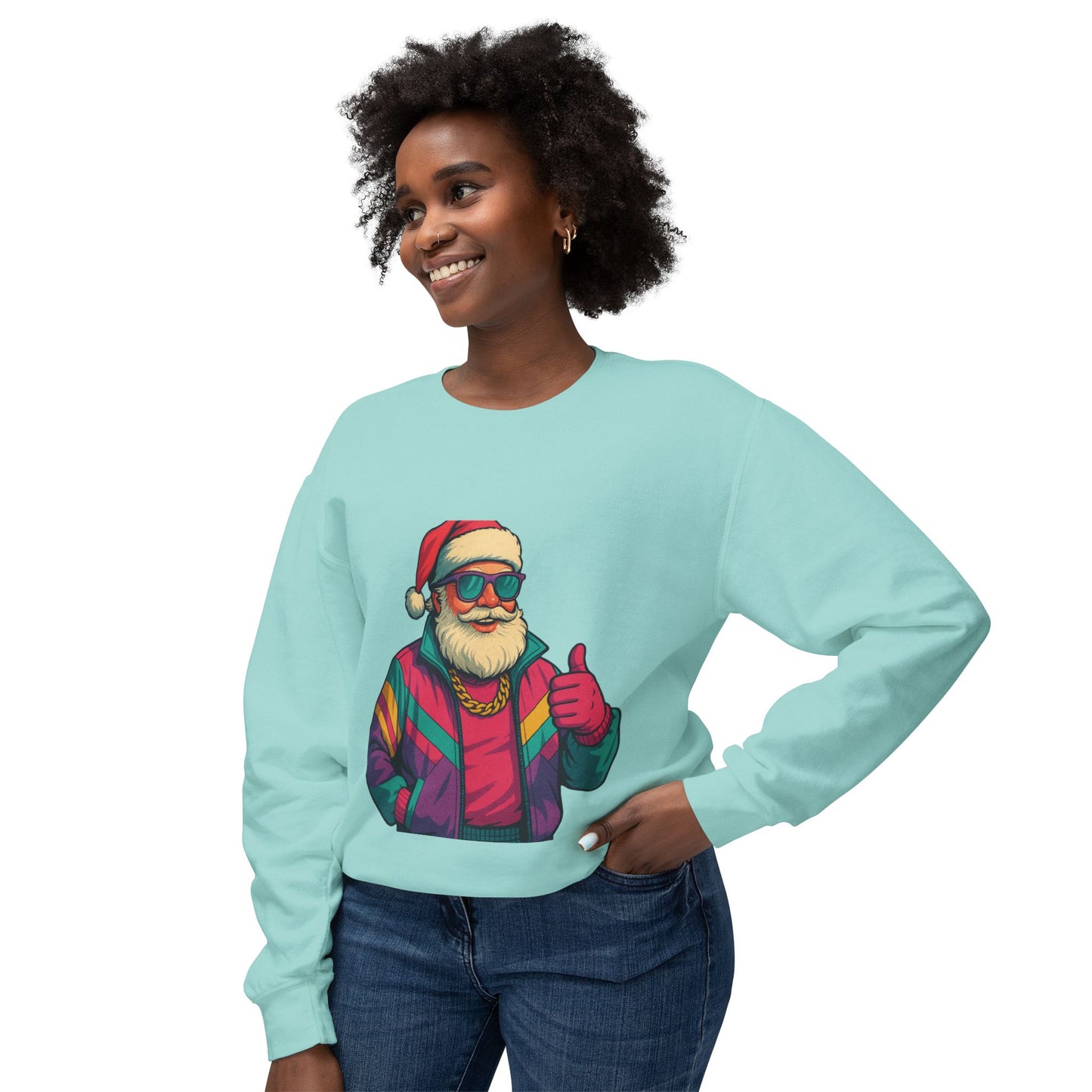 Retro 80s Christmas Sweatshirt – Synthwave Santa Thumbs Up