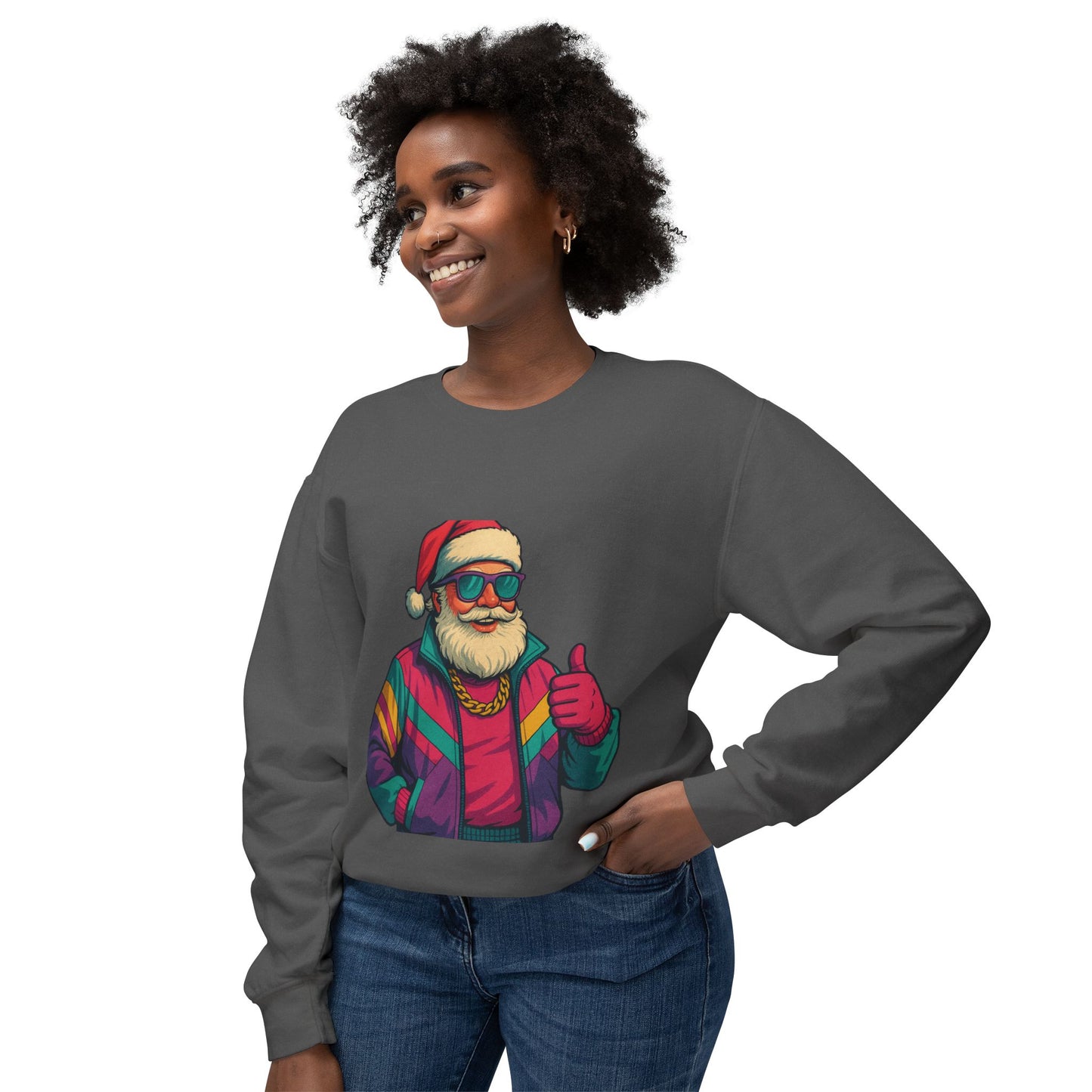 Retro 80s Christmas Sweatshirt – Synthwave Santa Thumbs Up