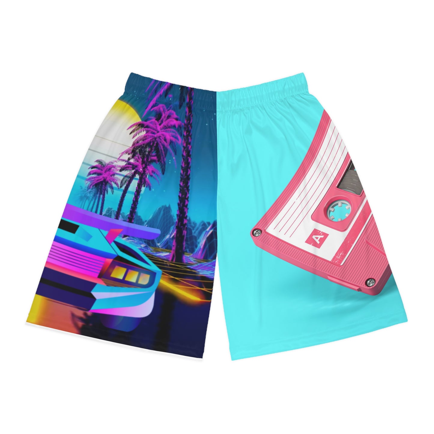 Retro Vaporwave Basketball Shorts — Neon Cassette & Sports Car AOP