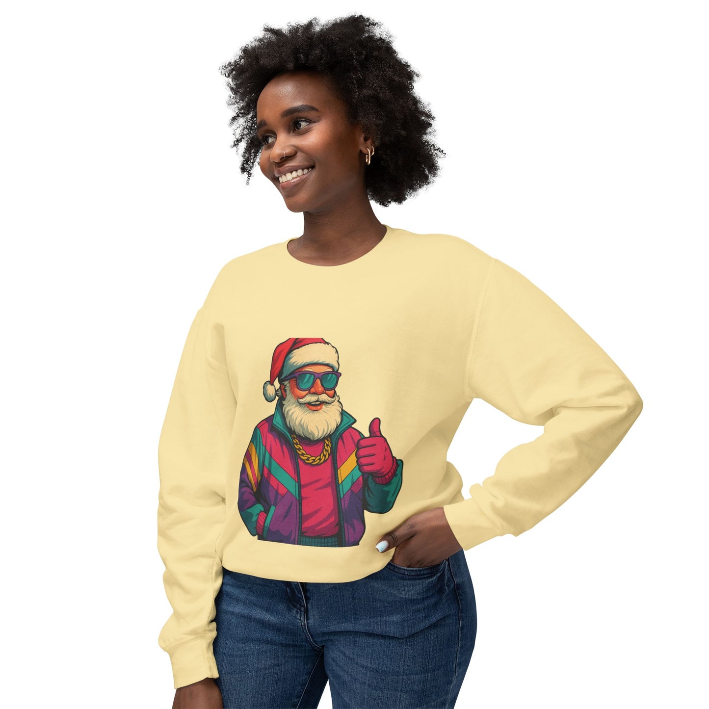 Retro 80s Christmas Sweatshirt – Synthwave Santa Thumbs Up