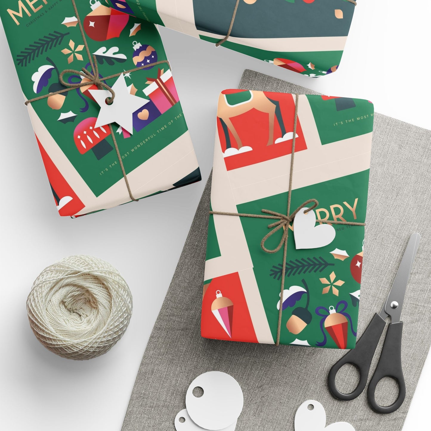 Christmas Gift Wrap Paper Roll — Festive 'Merry' Holiday Pattern with Ornaments & Snowmen