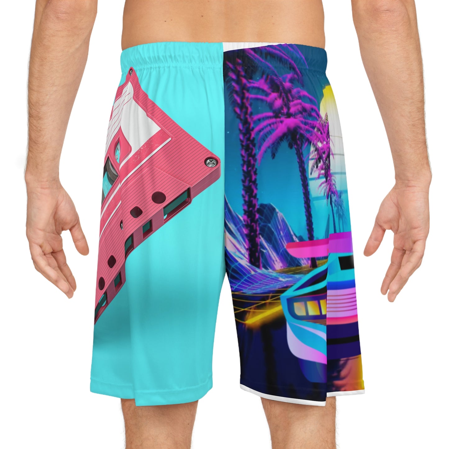 Retro Vaporwave Basketball Shorts — Neon Cassette & Sports Car AOP