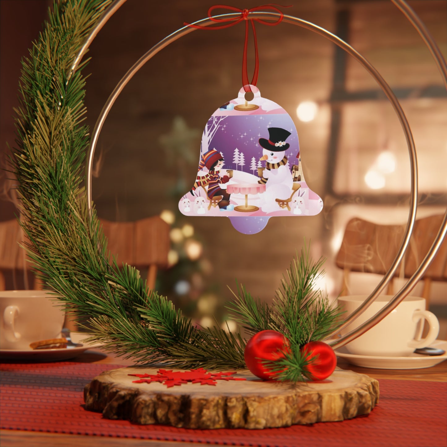 Bell Metal Ornament — Festive Snowman & Snow Globe Holiday Tree Decoration