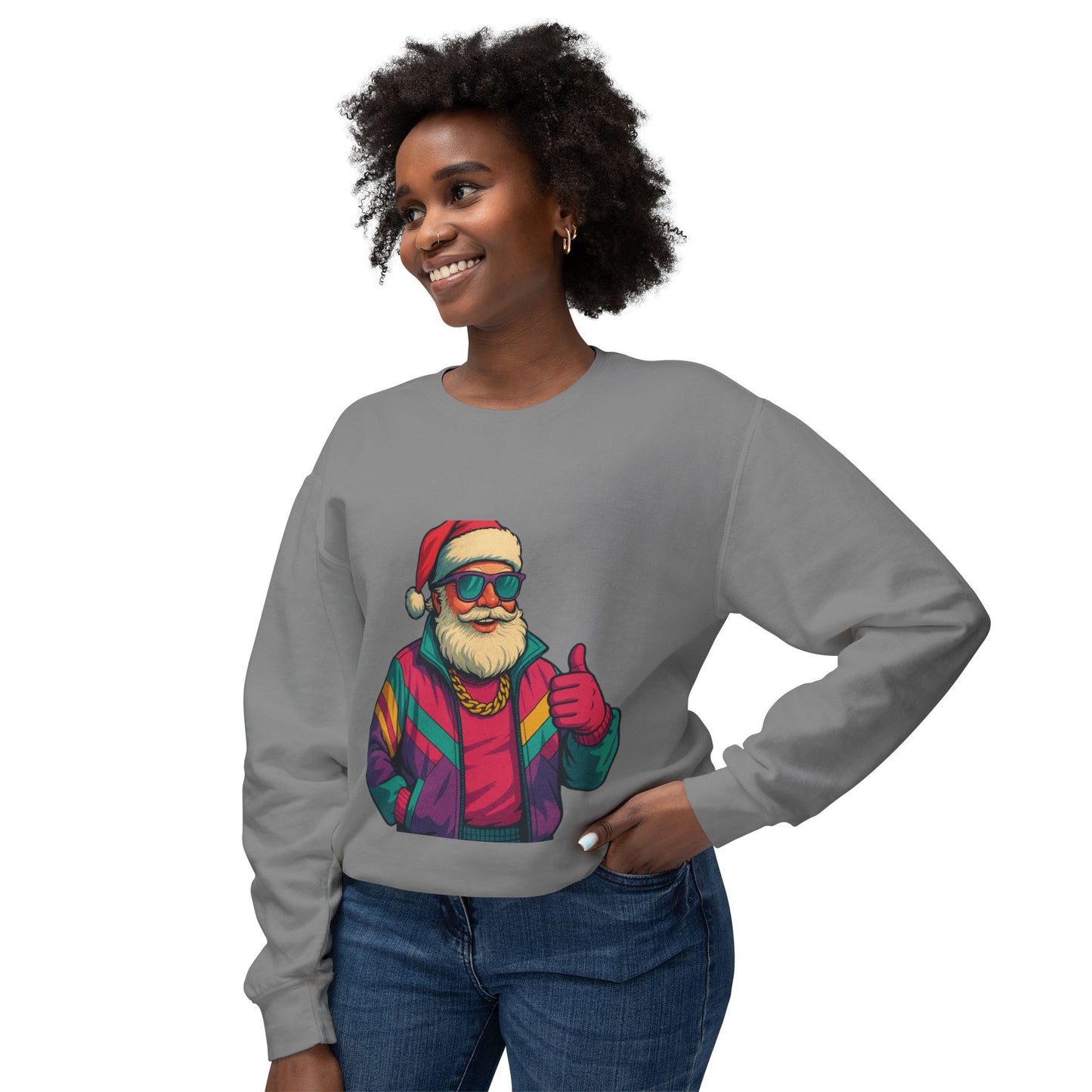 Retro 80s Christmas Sweatshirt – Synthwave Santa Thumbs Up