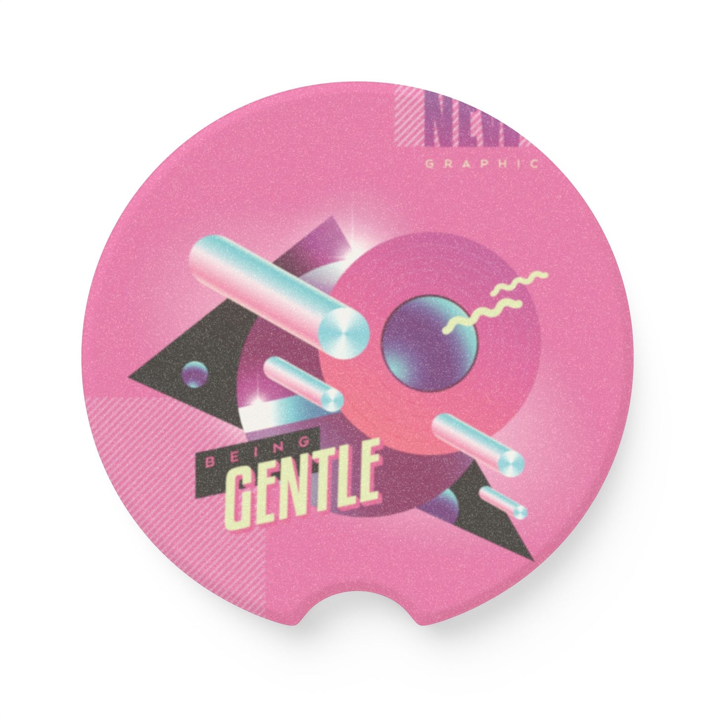 Retro Pink Geometric Car Coaster — 'Be Kind, Be Gentle' Soapstone Cup Holder Mat