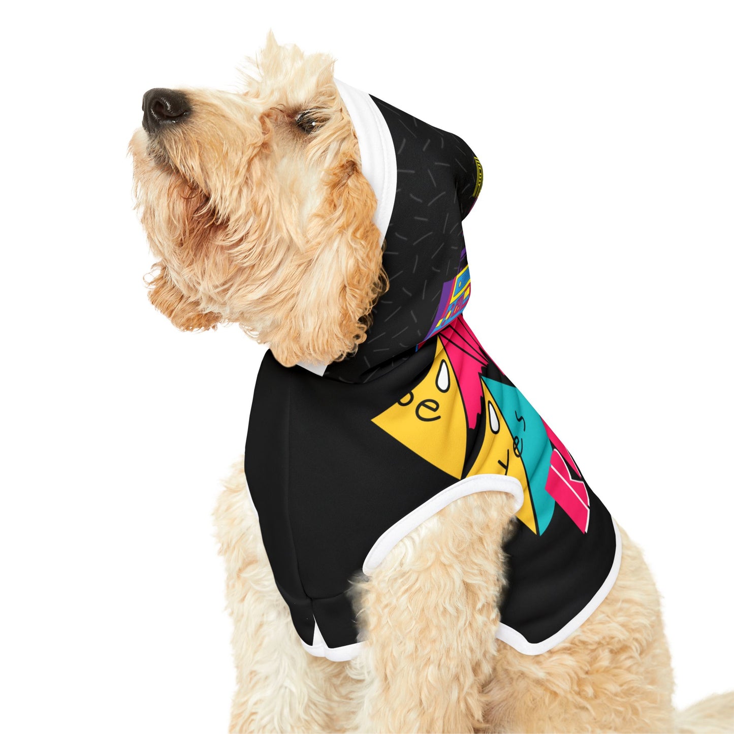 Retro 80s Pet Hoodie – Colorful Mixtape Boom Box Design