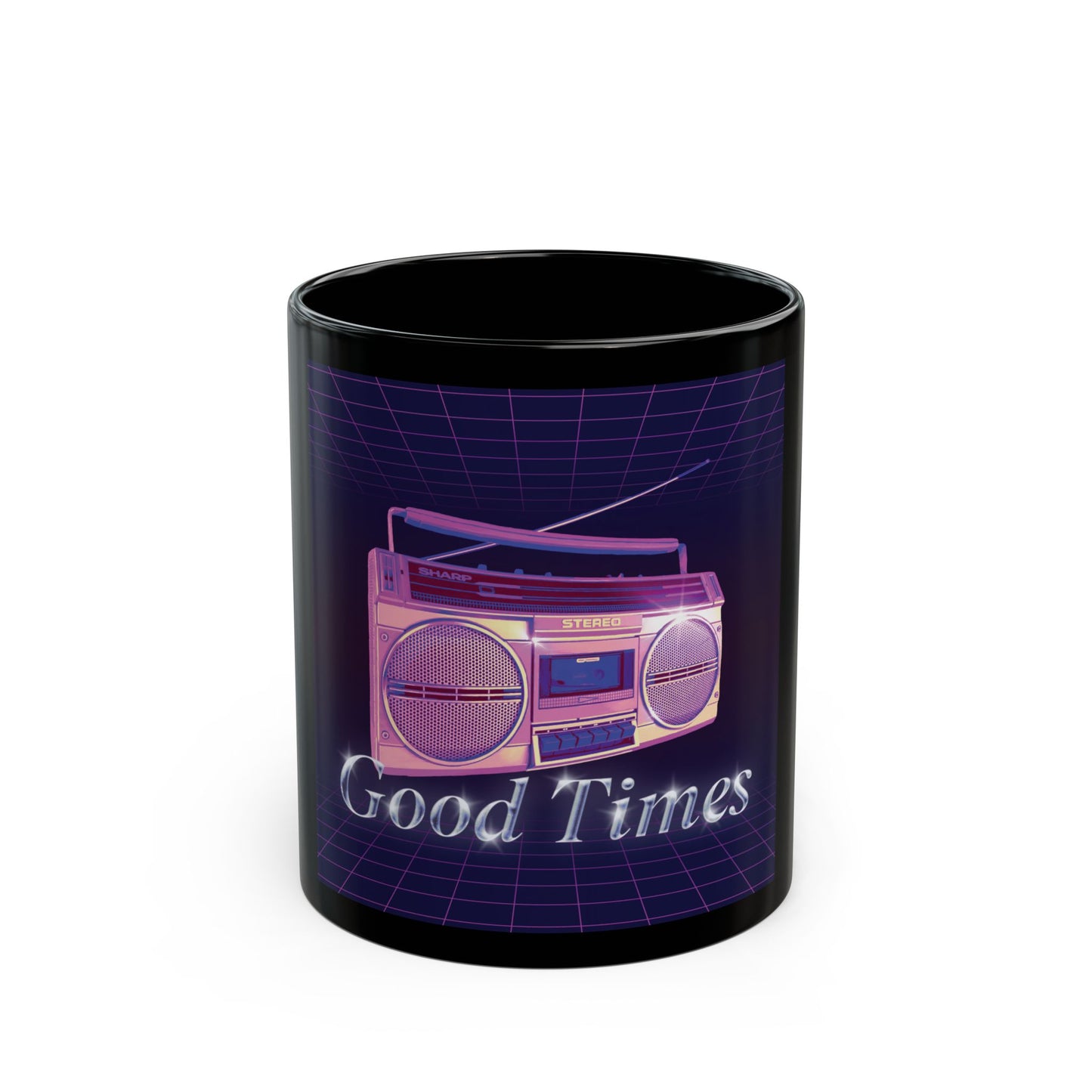 Good Times Boombox Black Mug — Retro 80s Vaporwave Coffee Cup (11oz/15oz)