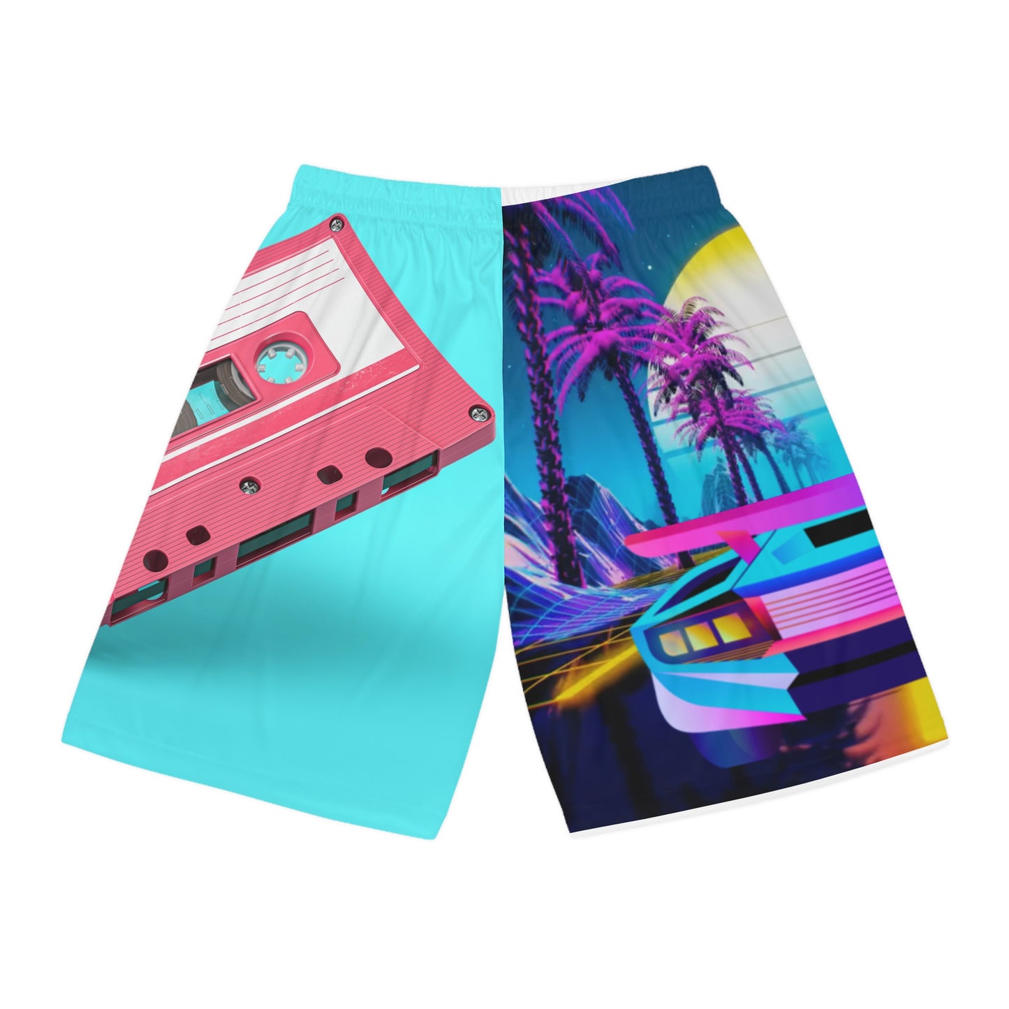 Retro Vaporwave Basketball Shorts — Neon Cassette & Sports Car AOP