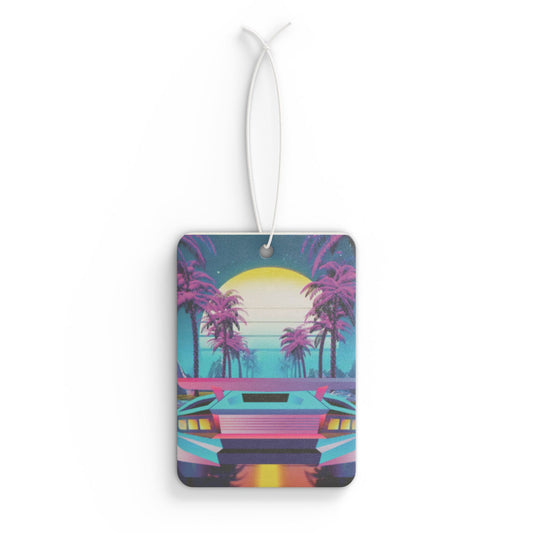 Retro Vaporwave Car Air Freshener — Neon Sports Car Palm Trees