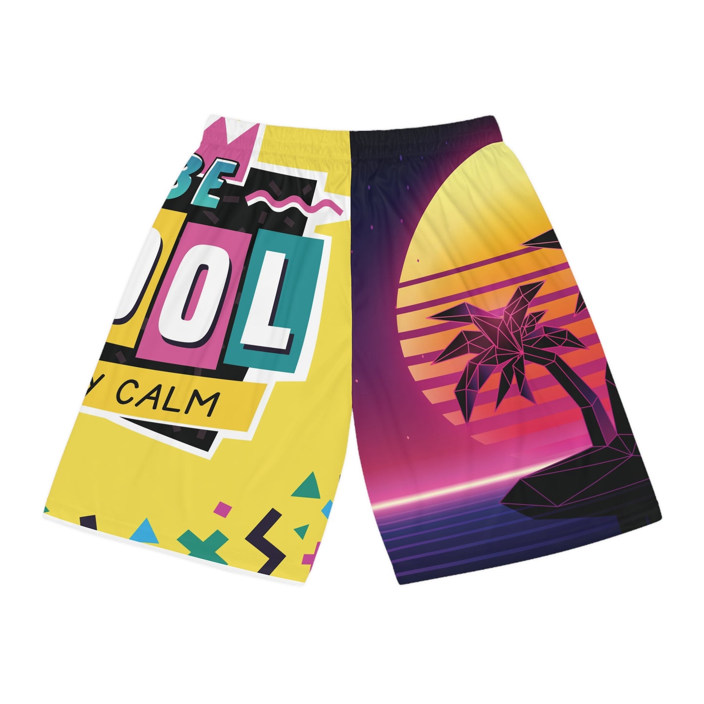 Retro Palm Sunset Basketball Shorts — "Stay Cool, Stay Calm" AOP