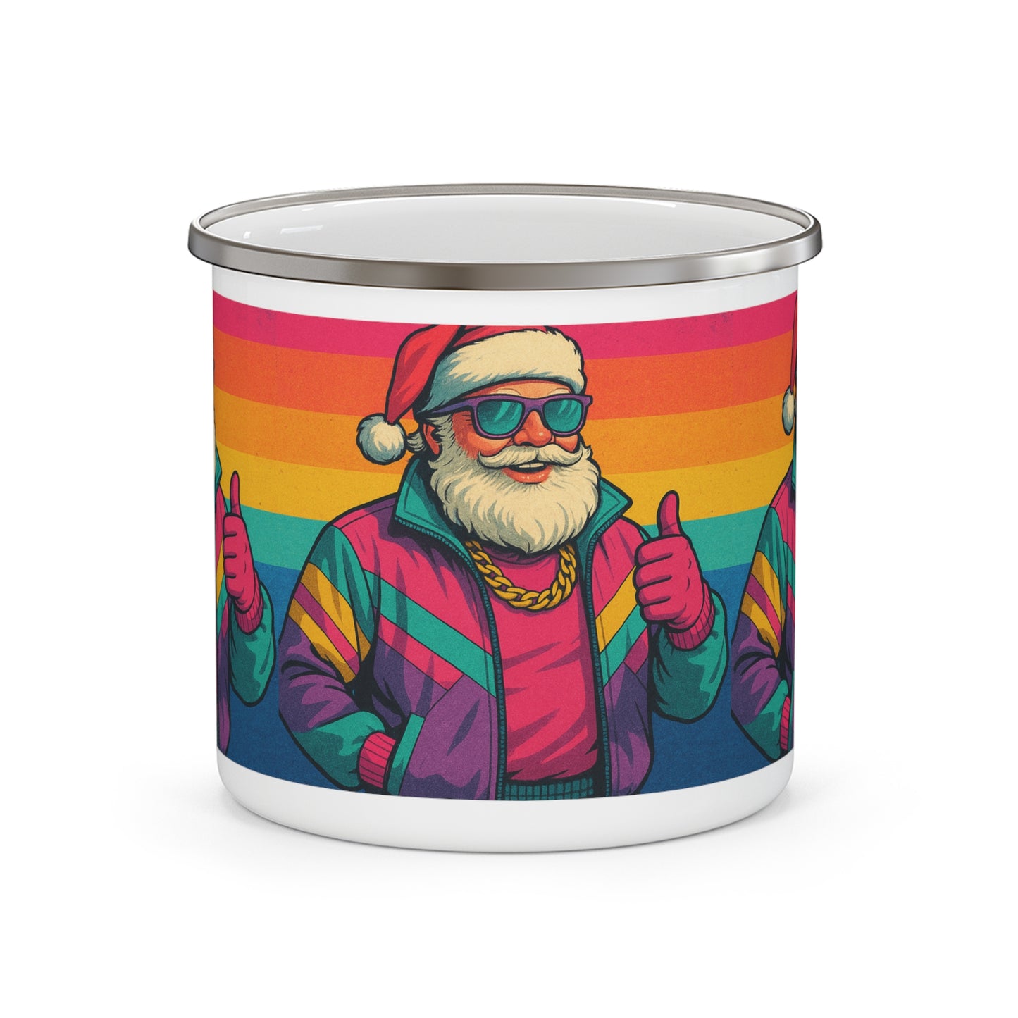 Retro Santa Enamel Camping Mug — Colorful ’80s Santa Coffee Cup