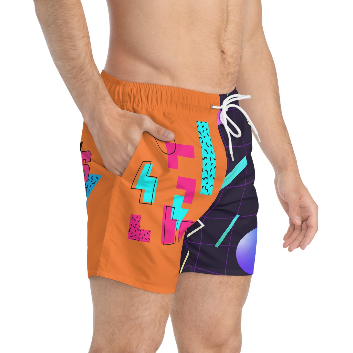 Retro 80s Geometric Swim Trunks for Summer Fun