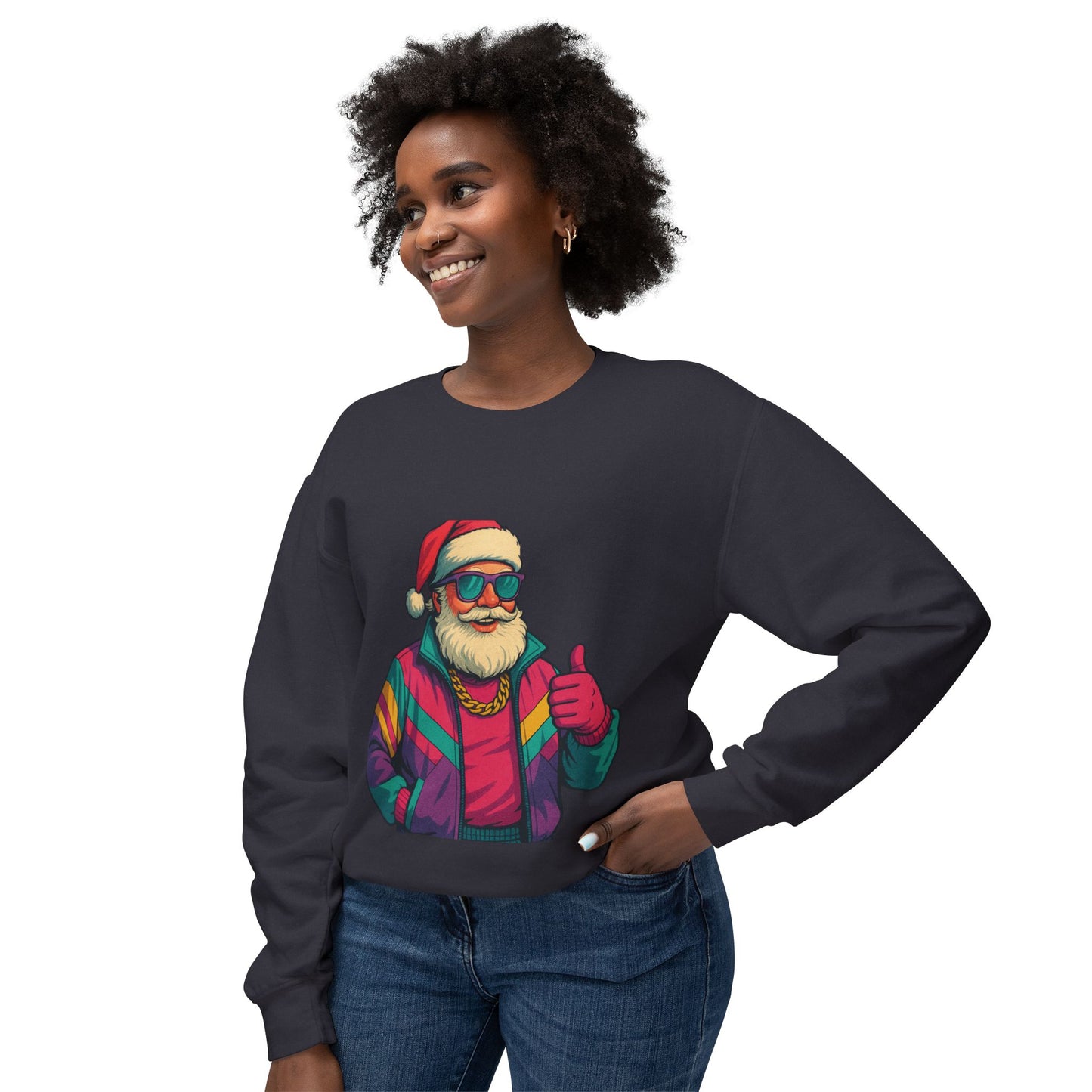 Retro 80s Christmas Sweatshirt – Synthwave Santa Thumbs Up