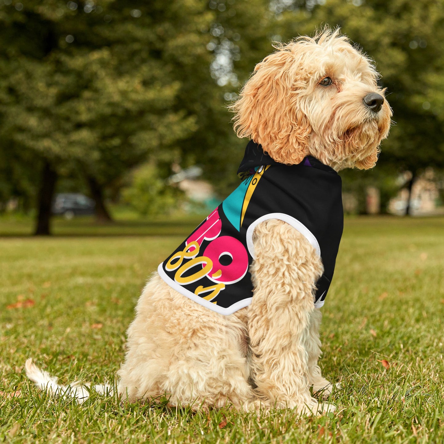 Retro 80s Pet Hoodie – Colorful Mixtape Boom Box Design