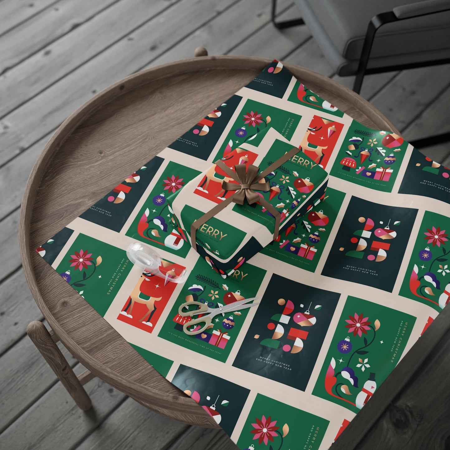 Christmas Gift Wrap Paper Roll — Festive 'Merry' Holiday Pattern with Ornaments & Snowmen
